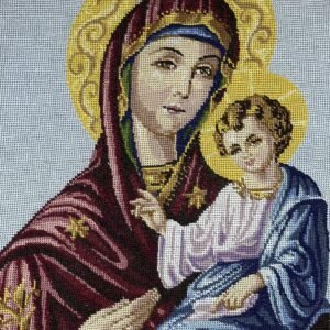 Έτοιμο Χειροποίητο Vintage Κέντημα – Παναγία με τον Χριστό Βρέφος σε Τρυφερή Αγκαλιά ✨