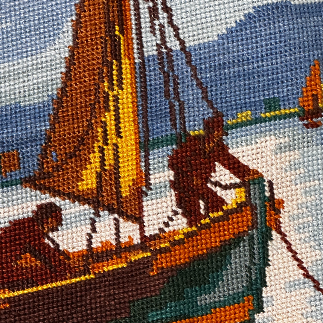 Έτοιμο Χειροποίητο Vintage Κέντημα – Βαρκούλα στη Θάλασσα ✨