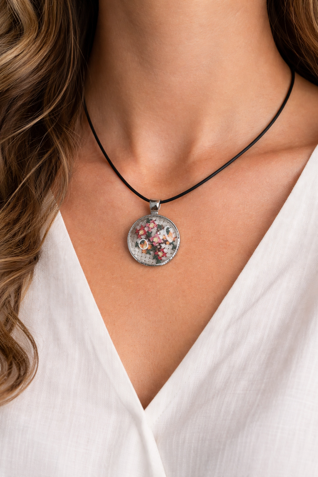 Στρογγυλό Κολιέ σε 8 Χρώματα Μετάλλου με Χειροποίητο Εξατομικευμένο Κέντημα